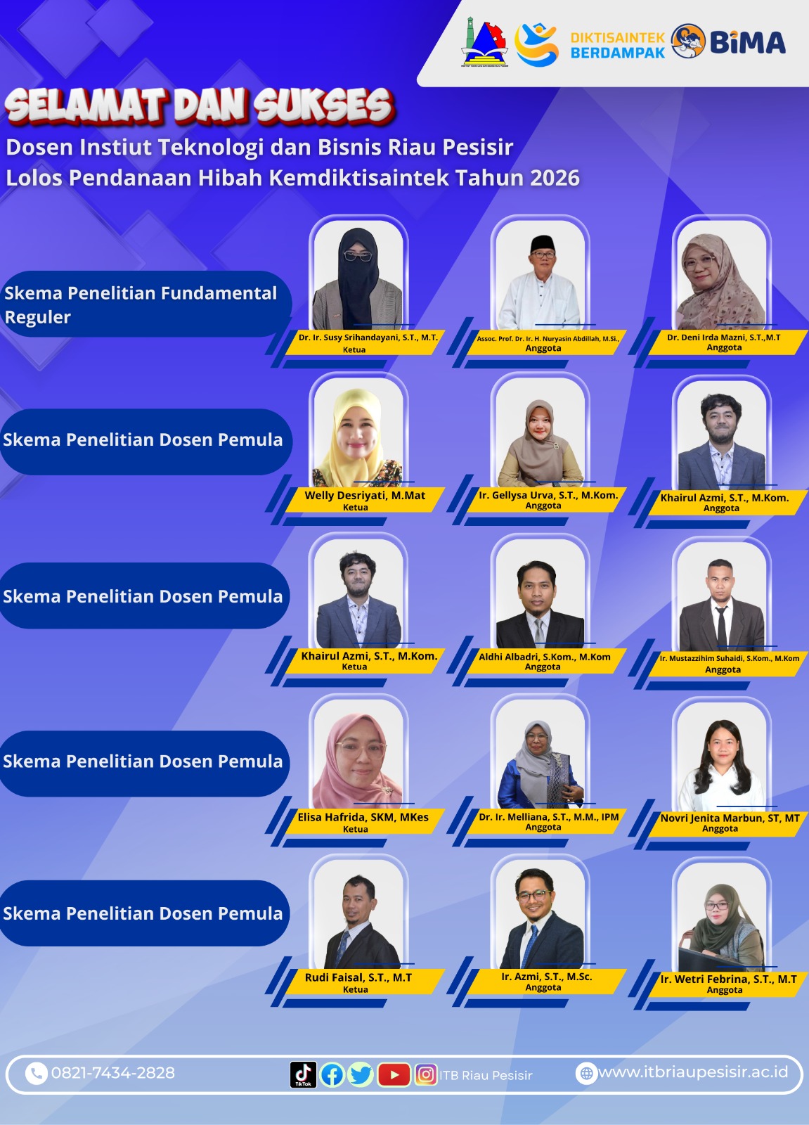 Dosen ITB Riau Pesisir Lolos Pendanaan Hibah Kemendiktisaintek 2026, dari Skema Penelitian Dosen Pemula hingga Riset Fundamental